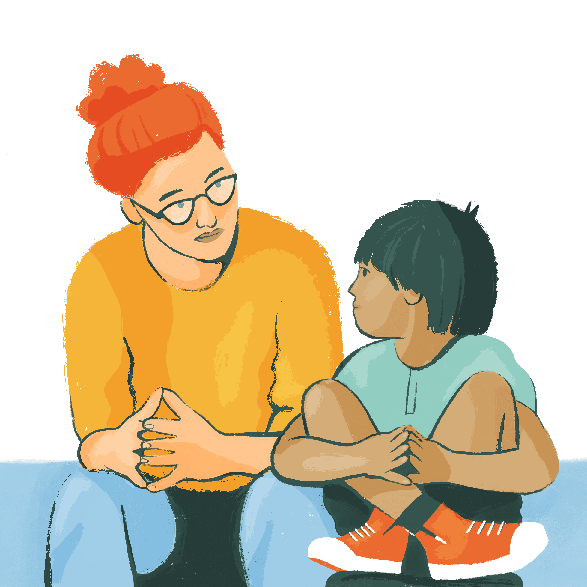 an illustration of someone talking to a child from the side